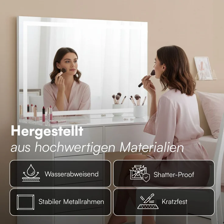 Bellamio 'Livny' Schminktisch mit Spiegel, LED-Beleuchtung, mit 5 Schubladen, beidseitig montierbar, weiß Hochglanz, 80x53x110 cm, LED-Beleuchtung mit mit 3 einstellbaren Lichtfarben – Bild 7