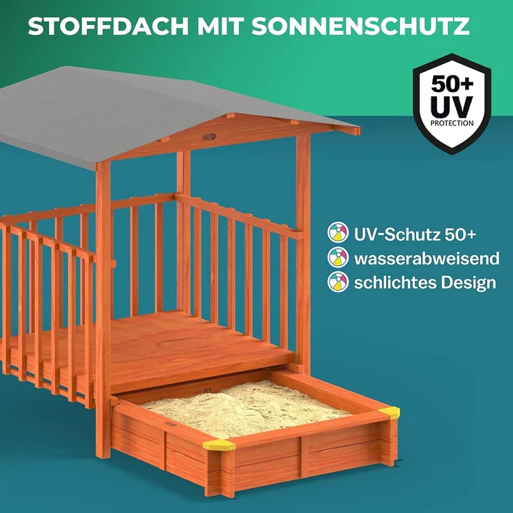Spielwerk Sandkasten 'Merle' mit Dach und Veranda, Fichtenholz braun, 130 x 225 x 143 cm – Bild 5