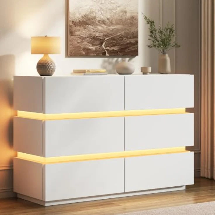 Jocoevol Kommode mit LED-Lichtstreifen, Schubladenschrank mit 6 Schubladen | Moderner Sideboards Wohnzimmer mit Kippsicherung, Verstellbare LED-Leuchten für Wohnzimmer Schlafzimmer, 120x78x38cm, Weiß – Bild 3