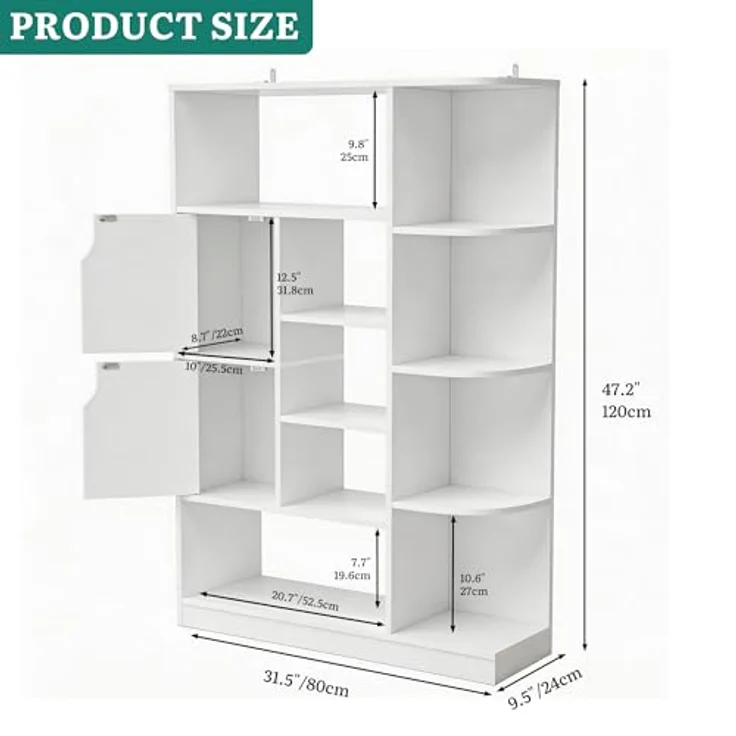 YITAHOME Freistehendes Bücherregal mit 9 offenen Regalböden und 2 Türen (Stoffbezug) für Wohnzimmer, Schlafzimmer, Büro, Weiß, 80 × 24 × 120 cm (B × T × H) – Bild 3