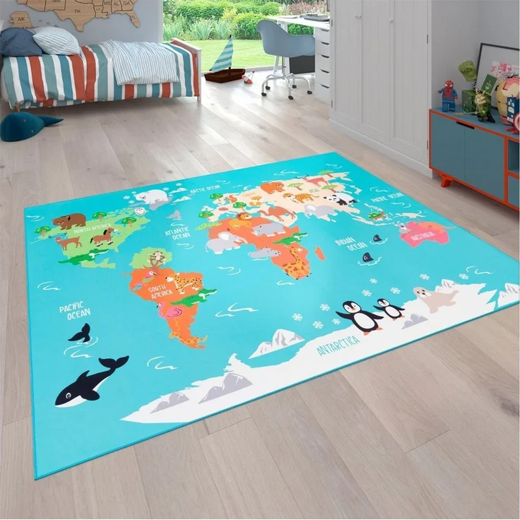 Paco Home Kinderteppich Bino 564, rechteckig, Höhe: 4 mm, Kurzflor, Motiv Weltkarte, Kinderzimmer – Bild 1