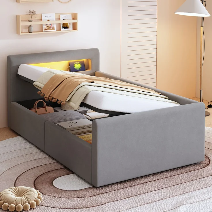 Polsterbett Kinderbett 90x200 cm mit LED, USB, Nachtlicht, hydraulischem Stauraum, Samt, Matratze nicht enthalten – Bild 4