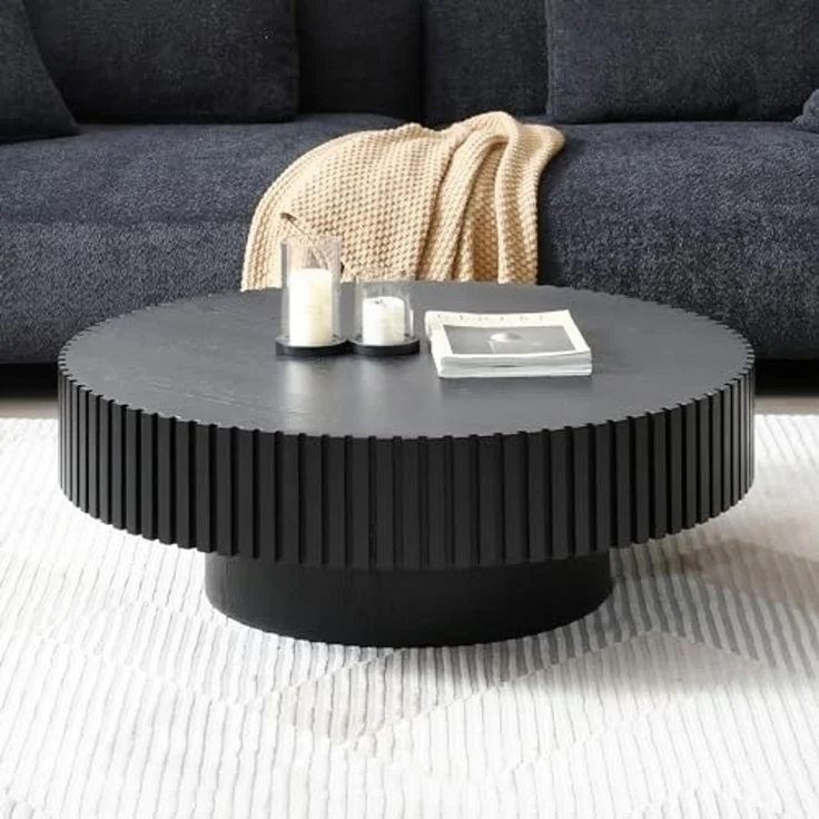 NJLyuhome Black Round Coffee Table with Grooved Edge, Solid Wood Detail, Modern Side Table for Living Room – Bild 6
