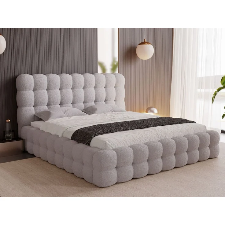 GRAINGOLD Twist Polsterbett 140x200, Doppelbett mit Bettkasten und Lattenrost, Bouclé-Stoff, Hellgrau – Bild 1
