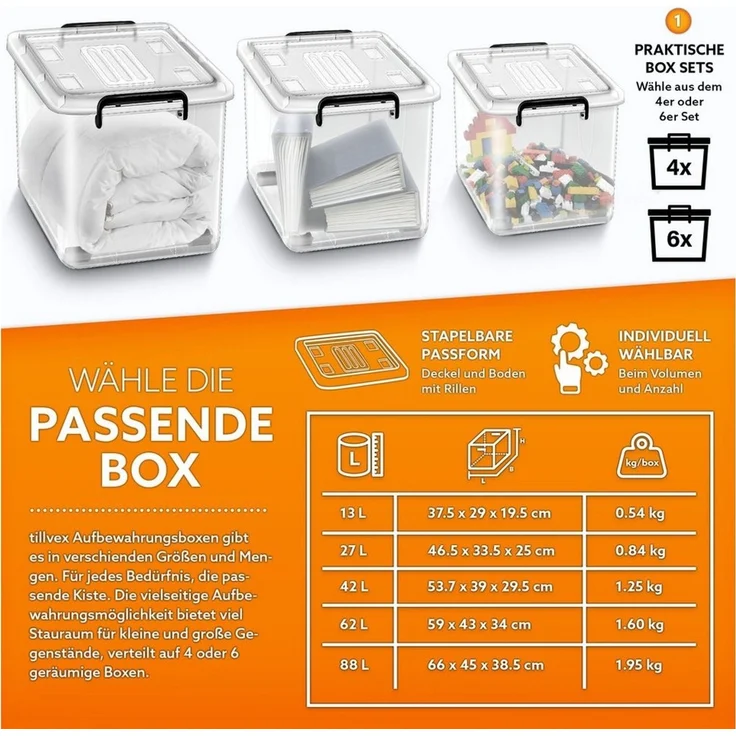 tillvex® Aufbewahrungsboxen mit Deckel 4er Set - 24L, lebensmittelecht | Kunststoff Boxen Set stapelbar | Aufbewahrung Ordnungssystem Box groß | Aufbewahrungsbox Kleiderboxen transparent 100% Neumaterial – Bild 3