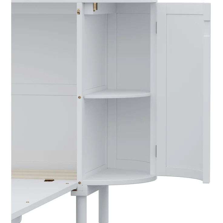 Schrankbett 140x200 cm, vertikales Wandklappbett aus Holz in Weiß mit Rattan-Optik und Staufächern – Bild 9