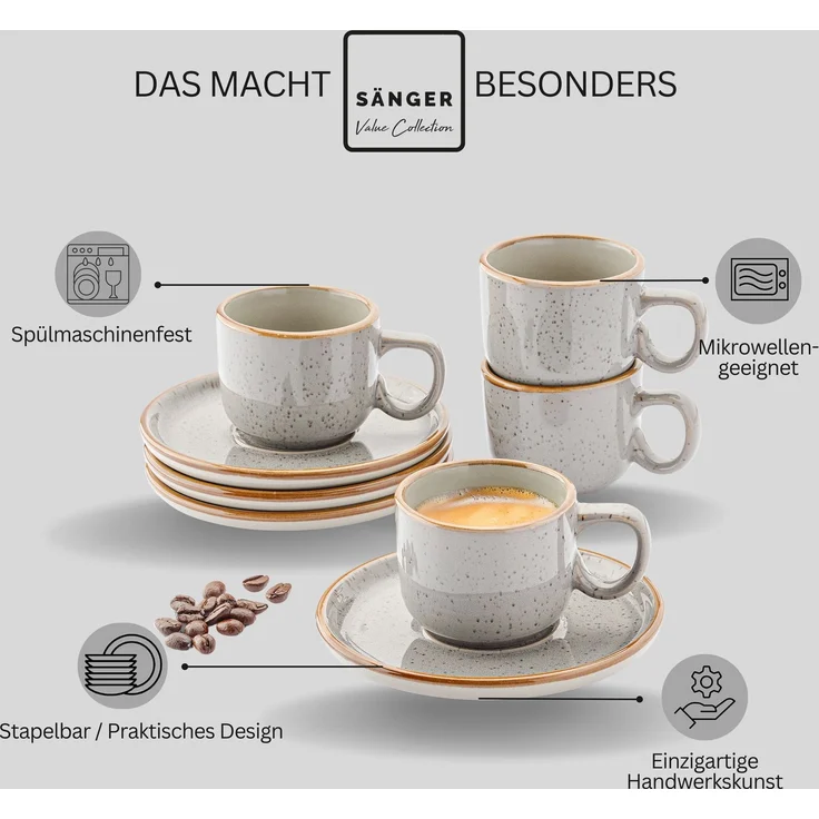 SÄNGER Espressotassen Set Rio Perlgrau 8 teilig für 4 Personen – Bild 4