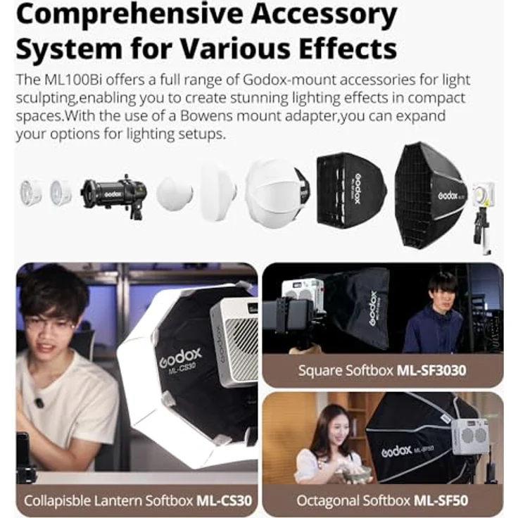 Godox ML100Bi 120W LED Video Licht, Bi-Color, 34300Lux CRI97+/TLCI98+, APP Steuerung, USB-C Aufladung, 11 FX Effekte für Filmemachen/Outdoor Fotografie – Bild 4