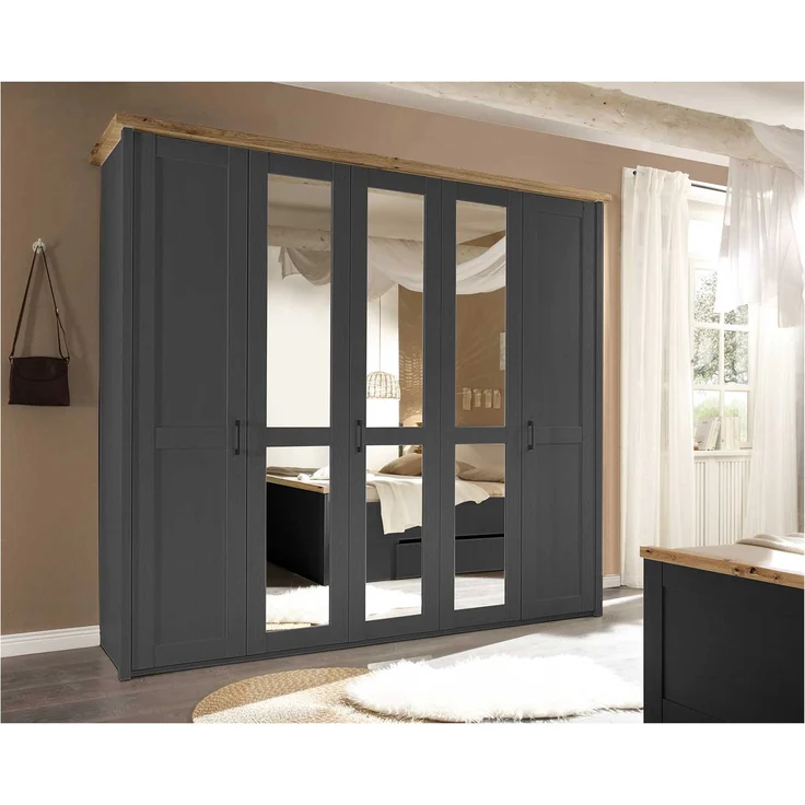 Kleiderschrank Latina / Locarno, Holzwerkstoff, Schwarz, Holzfarben, Verspiegelt, 241 x 212 x 62 cm – Bild 3