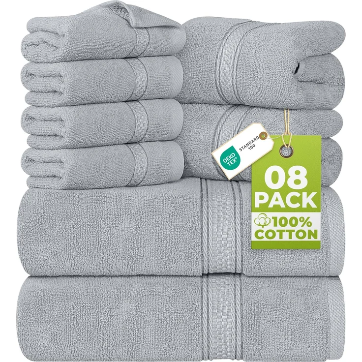 Utopia Towels 8 teilig Handtücher Set aus Baumwolle, Kühles Grau | 100% Baumwolle, mit Aufhänger, 2 Badetuch, 2 Handtücher, 4 Washclappen