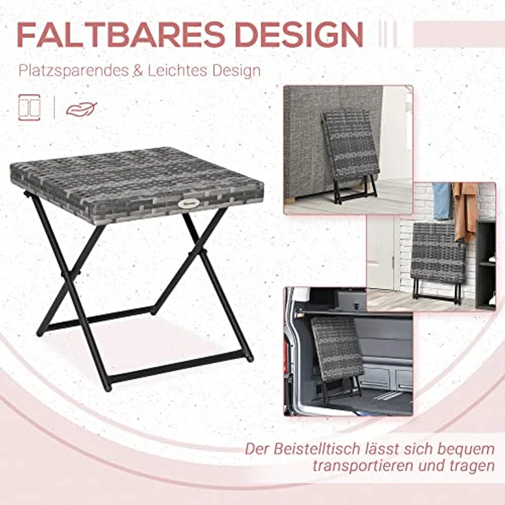 Outsunny Polyrattan Beistelltisch Gartentisch klappbar Couchtisch Gartenmöbel Falttisch Metall Grau 40 x 40 x 40 cm – Bild 5