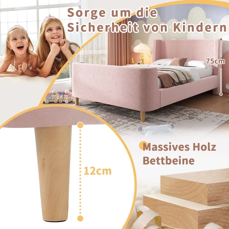 Kinderbett 90x200 Samt Schlittenbett mit Cartoon-Weltraummuster, gepolstertem Kopfteil, stabilem Lattenrost, rutschfesten Füßen,Rosa – Bild 6