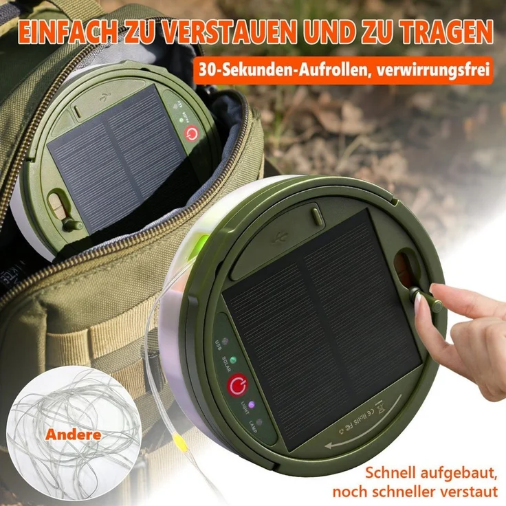 OZAVO LED-Lichterkette Camping Lichterkette 10M Aufrollbare 3-in-1 LED Lichterkette, 100-flammig, mit Fernbedienung & Timer&3 Modi,Solar und USB-Aufladung – Bild 4