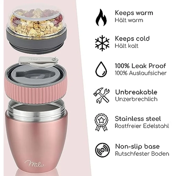 Milu Müslibox Müslibecher to go, 400ml, isolierter Edelstahl Joghurtbecher für Müsli, rosegold – Bild 3