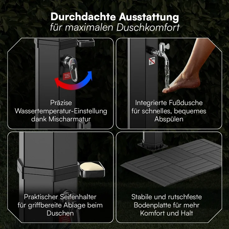STEELSØN 'Xypher' Solardusche 60L, hexagon, schwarz, warmes Wasser bis 60°C, schwankender Regenduschkopf und Wasserhahn, Gartendusche inkl. Kunststoffboden und Schutzhaube – Bild 4