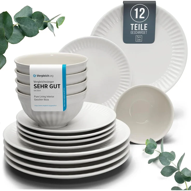 Steingut Geschirrset 4 Personen Hygge 12 tlg. TESTSIEGER, Traumhaftes Skandinavisches Steingut Geschirr Set, Schüssel- und Teller Set, Tafelservice 4 Personen, Geschirrsets Pure Living in Hellgrau