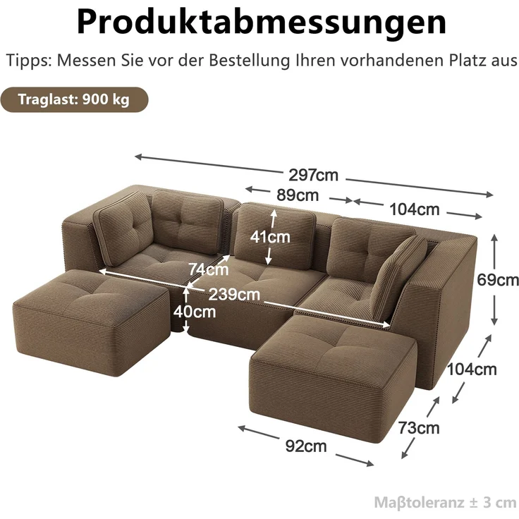 EINHOM Modulares Wohnzimmersofa ohne Gestell, modulares Sektionssofa mit Ottomane, geeignet für das Wohnzimmer, dreisitziges Cord-Sofa mit tiefer Sitzfläche, keine Montage erforderlich, Braun – Bild 2