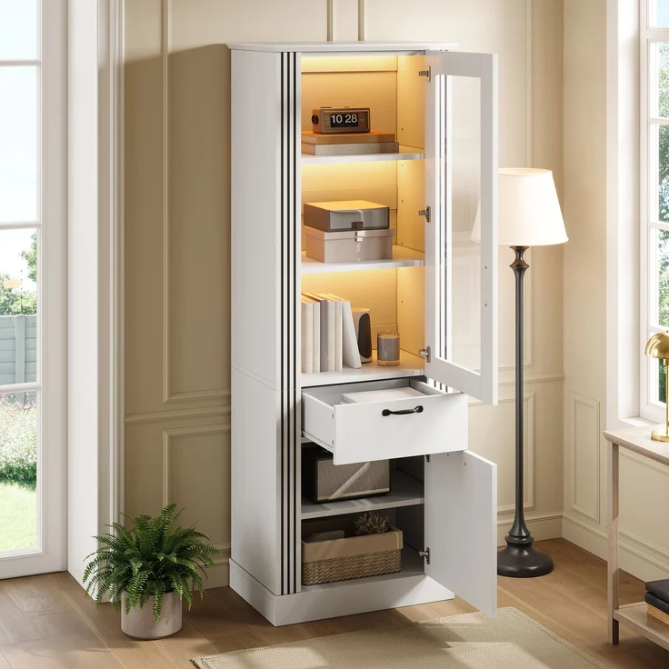 Vitrinenschrank mit Spiegeltür, App-gesteuerter LED-Beleuchtung, Schublade und Stauraum, Vitrinenschrank mit Ablagefächern, PB-Korpus, Aluminiumgriffe – Bild 3