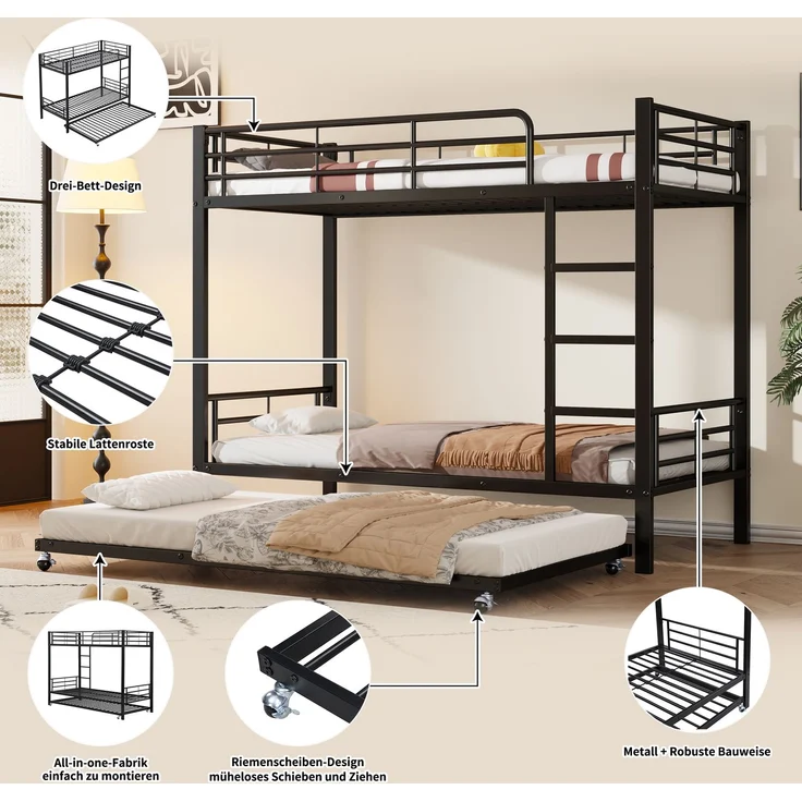 EINHOM Eisenbett, Etagenbett, Geeignet für Kinder und Jugendliche, mit Ausziehbett, Vier Seitengitter am Oberen Bett, Eisen, Schwarz, 90 x 200 Cm&90 x 190 cm (Ohne Matratze) – Bild 5