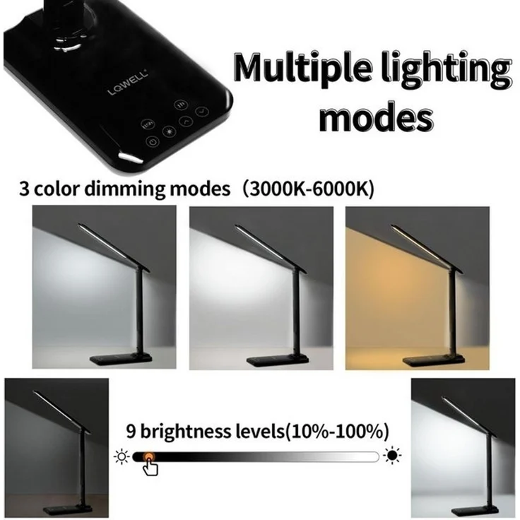 LQWELL Schreibtischlampe Schreibtischlampe LED, LED wechselbar, 3 Farbtemperaturmodi und 9 Helligkeitsstufen, Flimmerfreie Augenschutz, Touch-Steuerung, Speicherfunktion – Bild 4