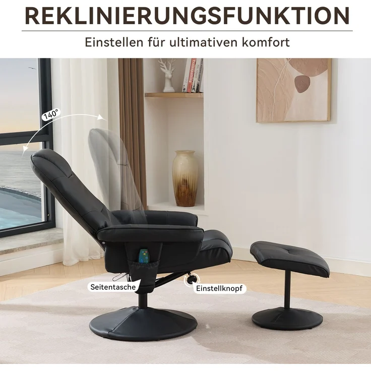 DESVIAE Sessel mit Massagefunktion und Fußhocker 75x107x79,5 cm PU Schwarz – Bild 5