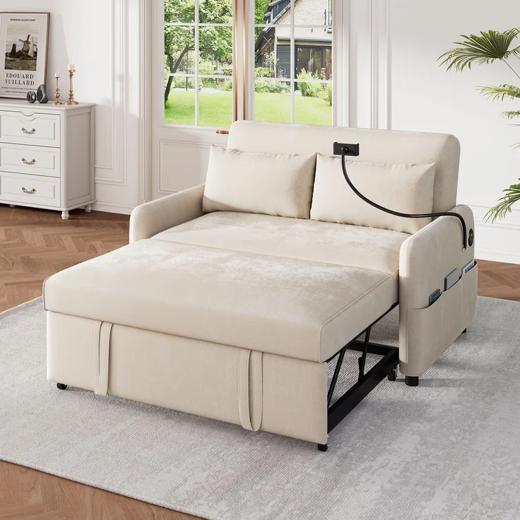 Multifunktions-Klappschlafsofa, verstellbar, mit USB-Ladung, Chenille Beige, 129x76x81 cm – Bild 4