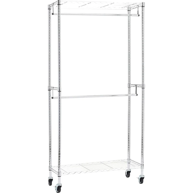 Amazon Basics Doppel-Kleiderstange Offen mit Rädern und Höhenverstellbaren Regalen - Maximalgewicht 181 kg, Chromfarben, 91 cm L x 35,5 cm W x 183 cm H – Bild 1