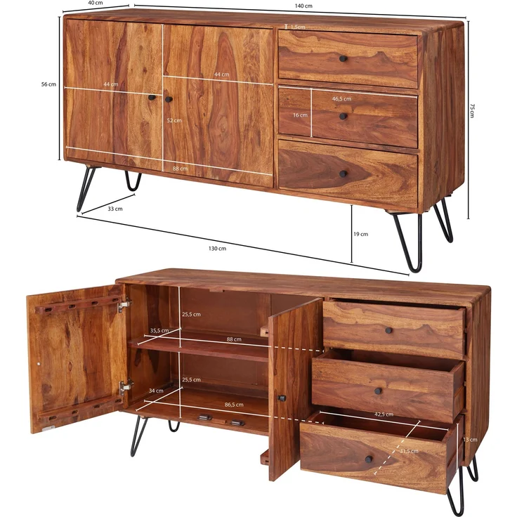 Sideboard WL5.629 Sheesham Massivholz 145x75x40cm Landhaus 3 Schubladen 2 Türen – Bild 7