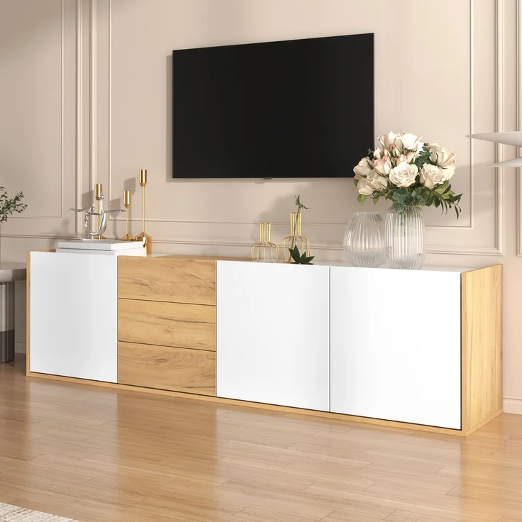TV-Lowboard aus MDF mit 3 Türen & 3 Schubladen, 171,5x35x47 cm, Weiß/Holzfarben – Bild 4