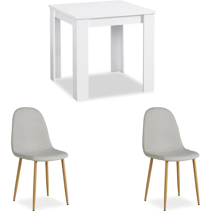Essgruppe mit 2 Stühlen Esstisch Weiß 80x80 cm Esszimmertisch Holz Massiv Polsterstühle Grau
