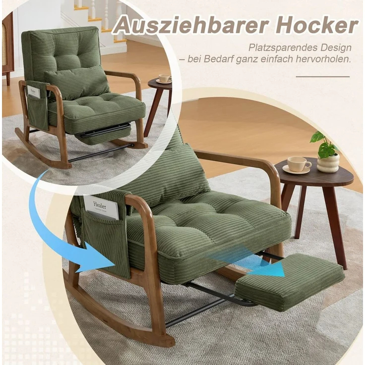 MODFU Loungesessel Ergonomischer Freizeitstuhl aus Cord mit Fußstütze (verstellbarer Schaukelstuhl und Baby-Sessel mit Lendenkissen), Schaukelstuhl Polstersessel – Bild 2
