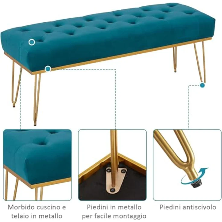 Shally Dogan Sitzbank aus Stoff, Ottomane mit hochdichter Polsterung, Mehrzweck-Eingangsbereich, ideal für Schlafzimmer, Wohnzimmer, Blau – Bild 5