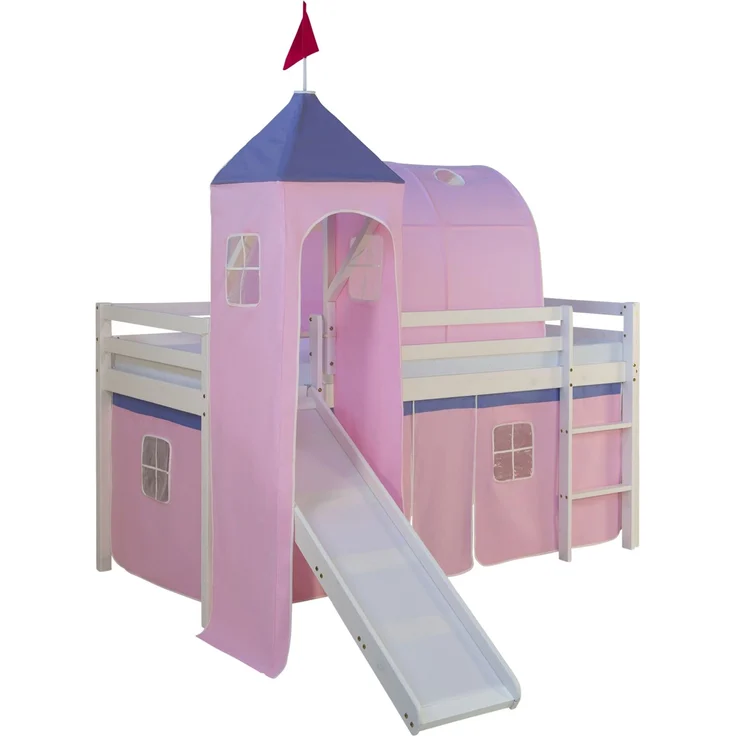 Hochbett mit Lattenrost 90x200 Turm Tunnel Rutsche Stockbett Kinderbett Holz Kiefer Vorhang rosa – Bild 7