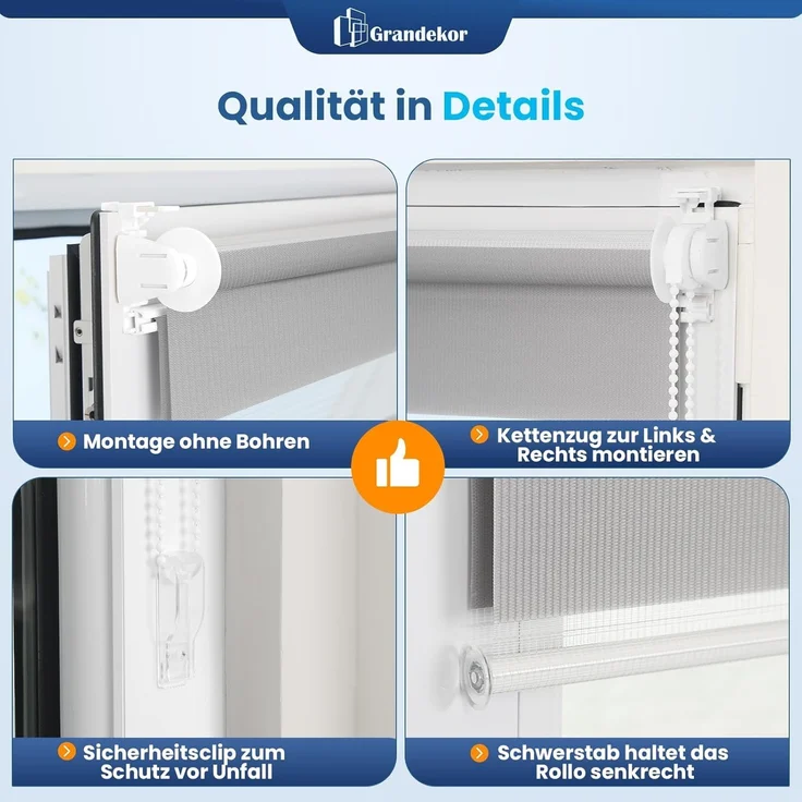 Grandekor Doppelrollo Klemmfix ohne Bohren Hellgrau 105x150 cm(Stoffbreite 101cm) Fenster Rollos für innen Klemmrollos Duo Rollos für Fenster ohne Bohren mit Bohren Privatschutz UV-Schutz Zebrarollo – Bild 6