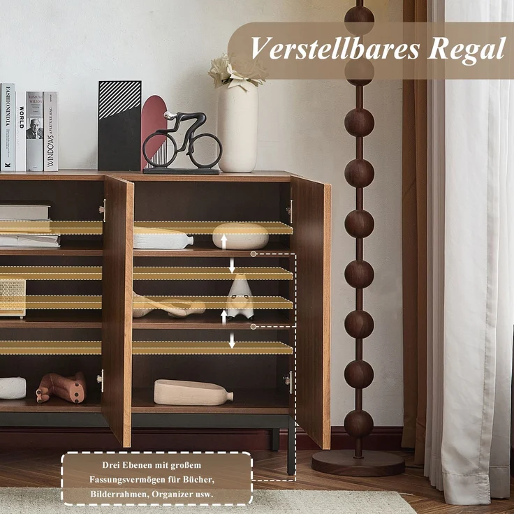 Merax 150x40x80cm Eiche dunkel gemasert, Sideboard, Mid-Century Modern Dekoschrank, 3 Türen, welliges 3D-Design, verstellbare Einlegeböden, Kippsicherung-stilvolle Aufbewahrung für Wohnzimmer, Esszimmer – Bild 7