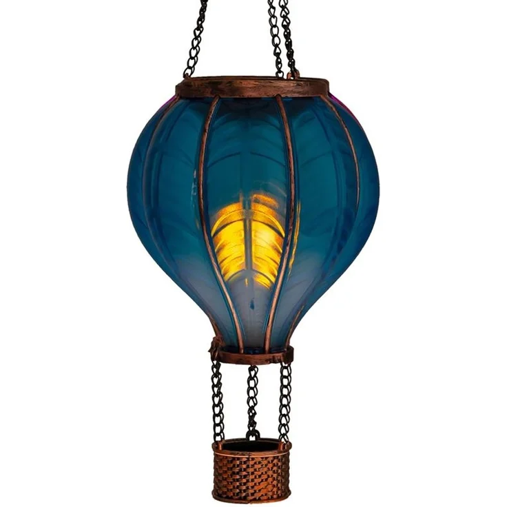 LED Solar Heißluftballon mit Flammeneffekt Beleuchtung | Laterne mit 20 warm-weißen Licher | Solarleuchte zum Aufhängen | inkl. Metallkette | Gesamthöhe ca. 46,5 cm (blau) – Bild 1