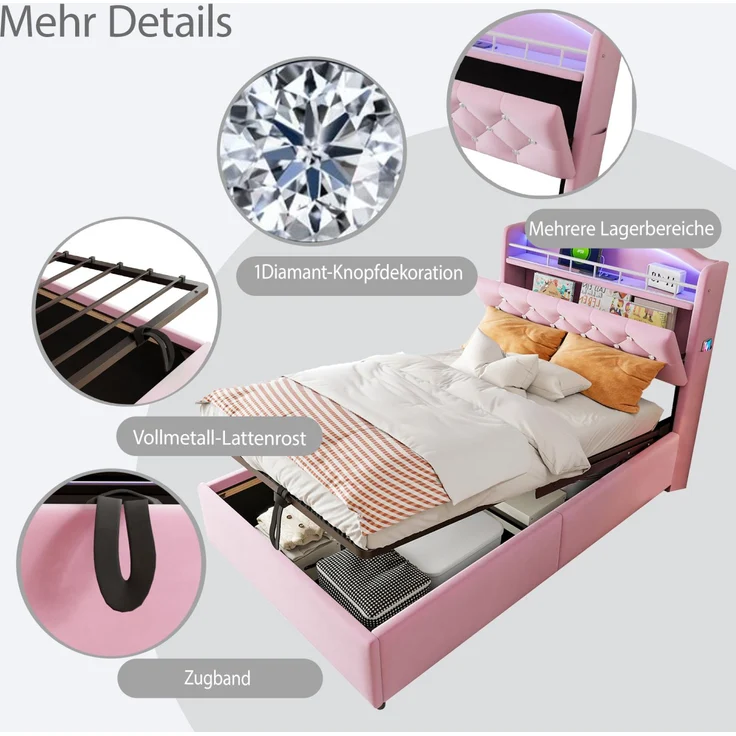 Merax Kinder Polsterbett 90x200, Samt Einzelbett Multifunktionsbett mit Stauraum mit LED und USB Rosa – Bild 7