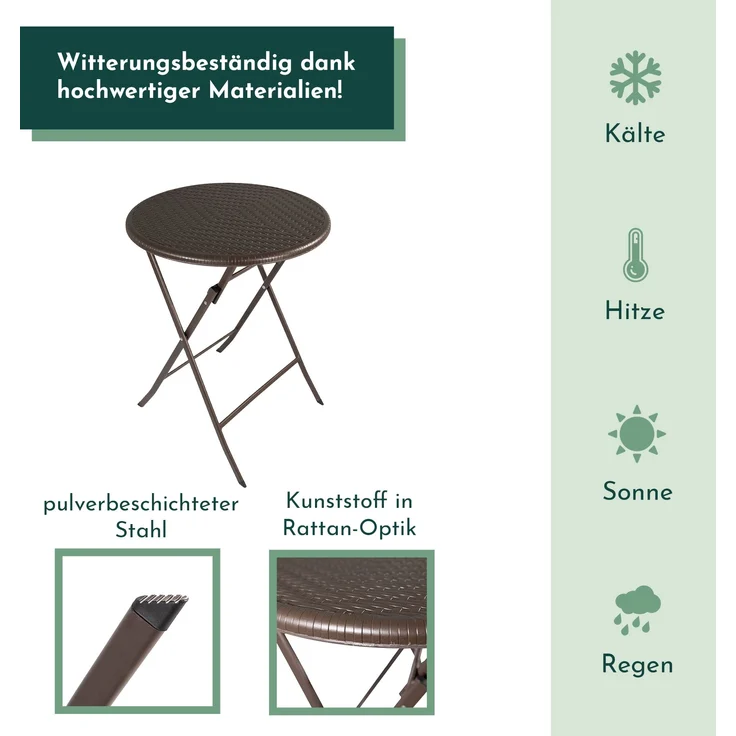 Klapptisch rund, Rattan-Optik, braun, 60 cm, Balkontisch, klappbar – Bild 2