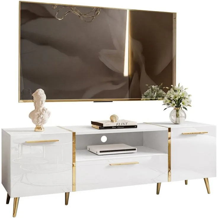 ALLHOUSE24 TV-Schrank DIAMANT GOLD Metall Beine Lowboard TV-Unterschrank BERLIN (1x TV Schrank) Breite 158 cm