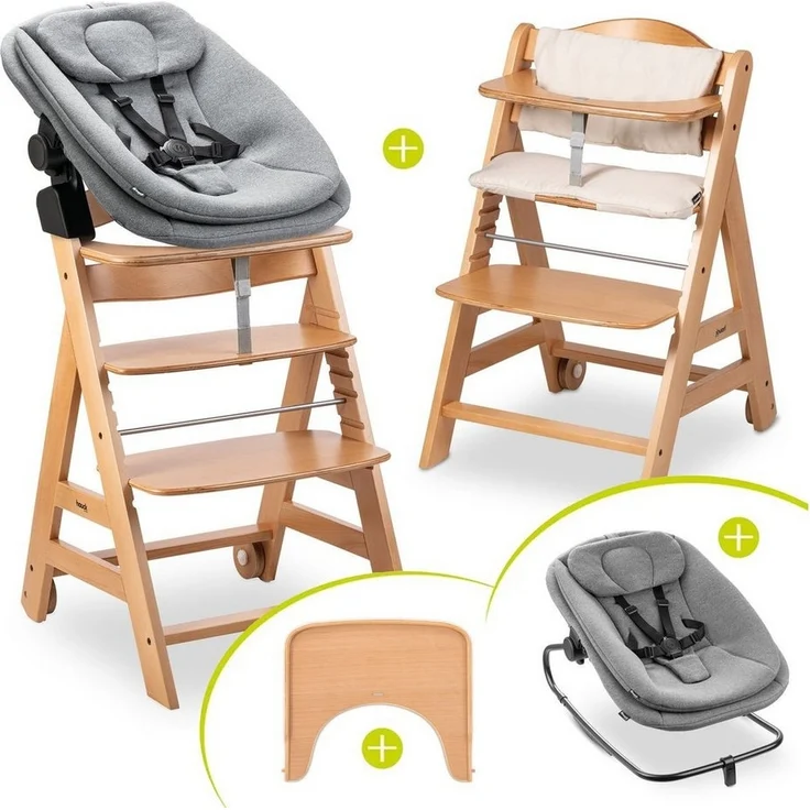 Hauck Hochstuhl Beta Plus Natural - Newborn Set 3in1 Bouncer (Set), Holz Babystuhl ab Geburt mit Neugeborenensufsatz, Sitzkissen, Essbrett – Bild 5