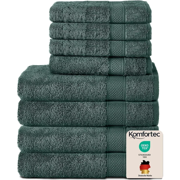 Komfortec 8er Handtuch Set aus 100% Baumwolle, 4 Badetücher 70x140 und 4 Handtücher 50x100 cm, Frottee, Weich,Groß, Dunkelgrün