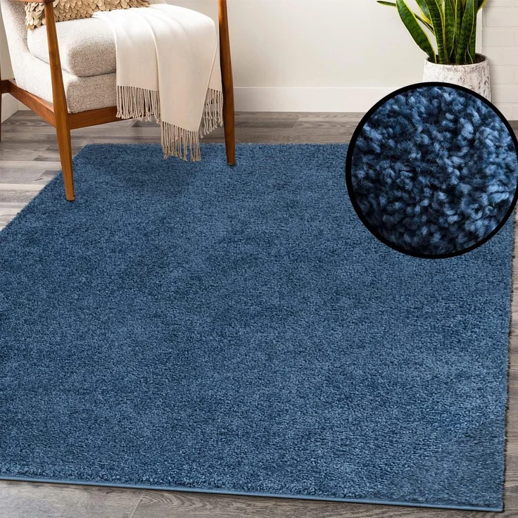 Teppich Wohnzimmer Hochflor Shaggy - 150x150cm - Blau Einfarbig Uni Flauschig Modern Boho Deko Teppiche Weich Schlafzimmer – Bild 5