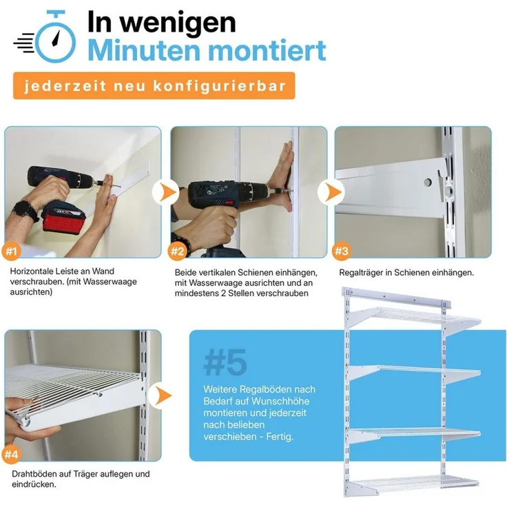 BOOMET Wandregal Regal Metall anthrazit, 60 9-tlg, Wandschienen System Hängeregal Wandboard Drahtboden