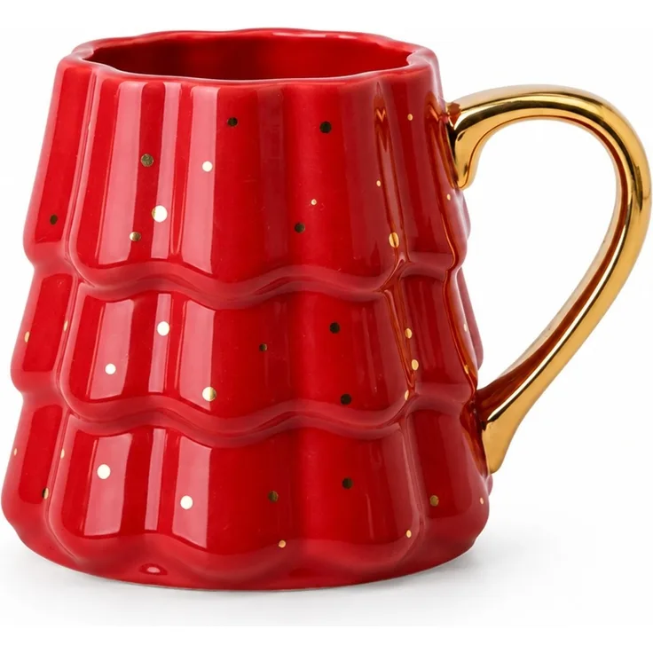 Weihnachtsbaum Kaffeetasse Keramiktasse mit goldenem Henkel Rot 14 x 10 x 14 cm