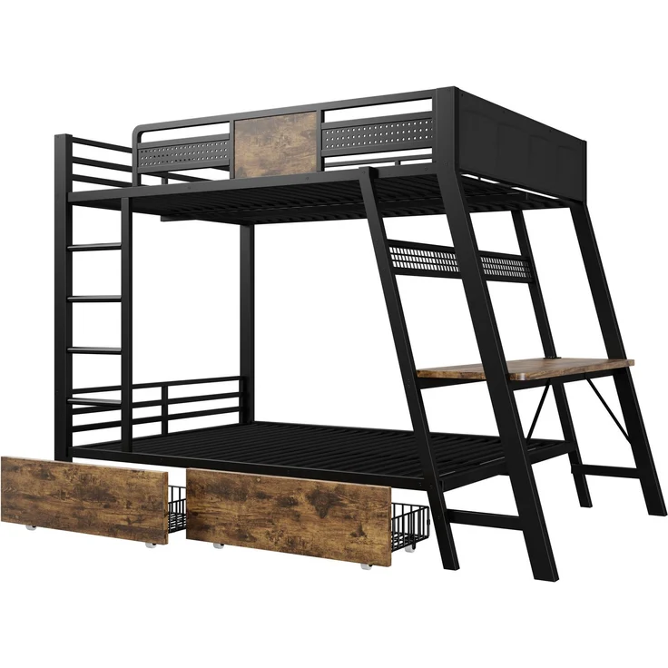 Merax Metall-Etagenbett 140x200 cm, integrierter Gaming-Schreibtisch mit Steckdosen, USB- und Type-C-Anschlüssen, mit LED-Lichtband, zwei Aufbewahrungskörben, Schwarz – Bild 8