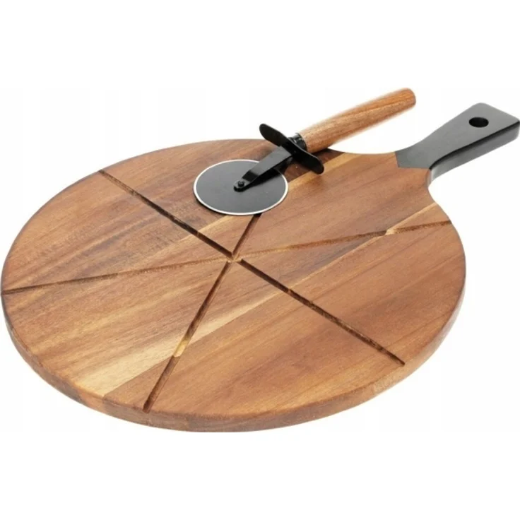 Excellent Houseware Pizzaschneidebrett aus Holz rund mit Messer 30 cm (2-tlg.)