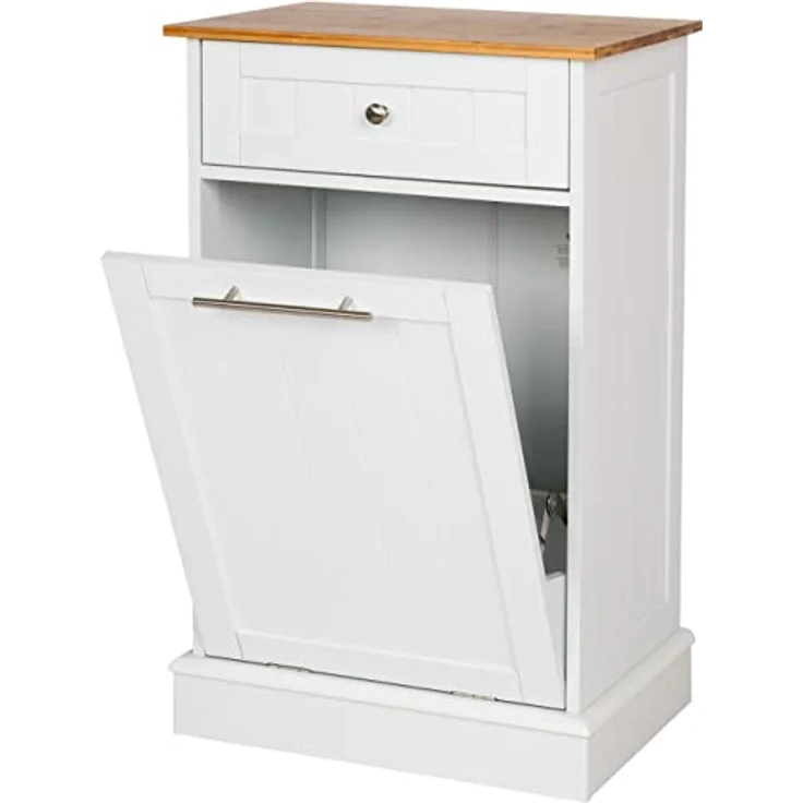 WONDERMAKE Wäschebox Mülleimer-Schrank, hoch aus weißem MDF und Bambus mit Schublade, 51 x 37 x 82 cm, klappbar – Bild 1