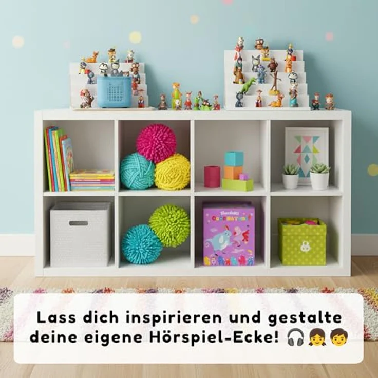 stadtecken® Magnetisches Regal für Musikbox-Figuren – Passend für IKEA Kallax und mehr | Optional mit Platz für Toniebox | Geeignet für ca. 50 Figuren | Weiß (PureFiguren) – Bild 7