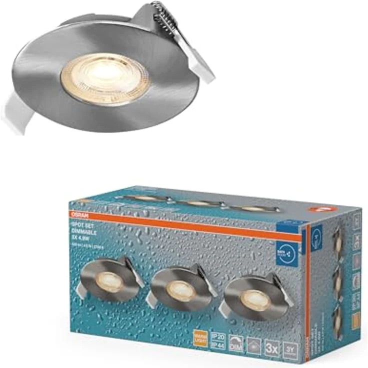 Osram Spot Set LED Einbaustrahler DIM IP44 4,9W Satin-Nickel, 3er Set Badezimmer dimmbar schwenkbar, warmweiß 2700K – Bild 1