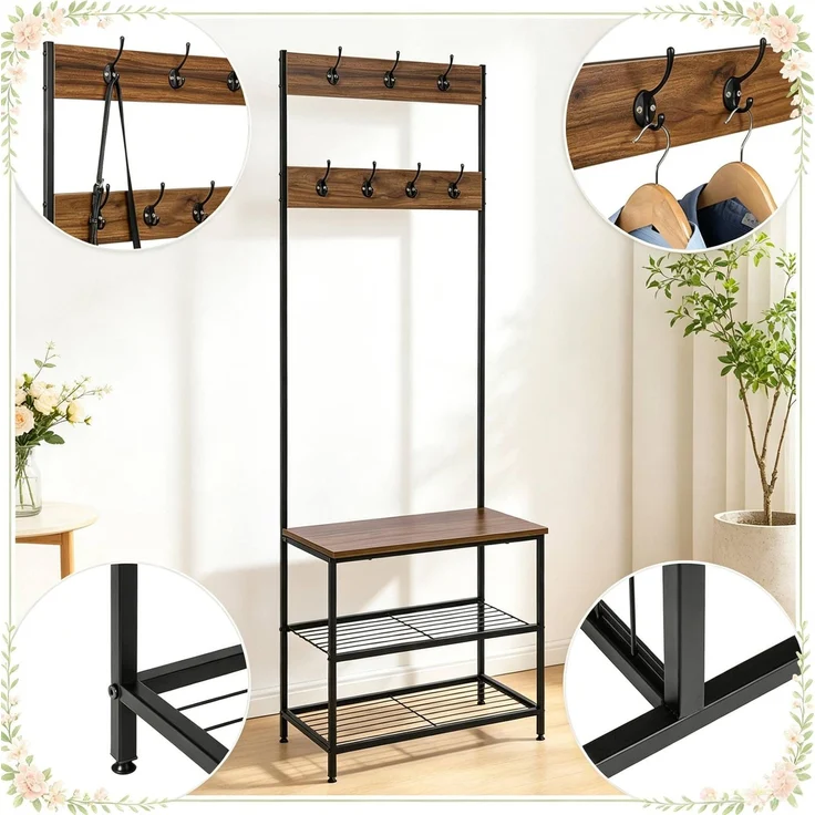 Garderobenständer mit Schuhbank & 7 Doppelhaken, 60x30x170 cm, dunkle Holzoptik – Bild 5
